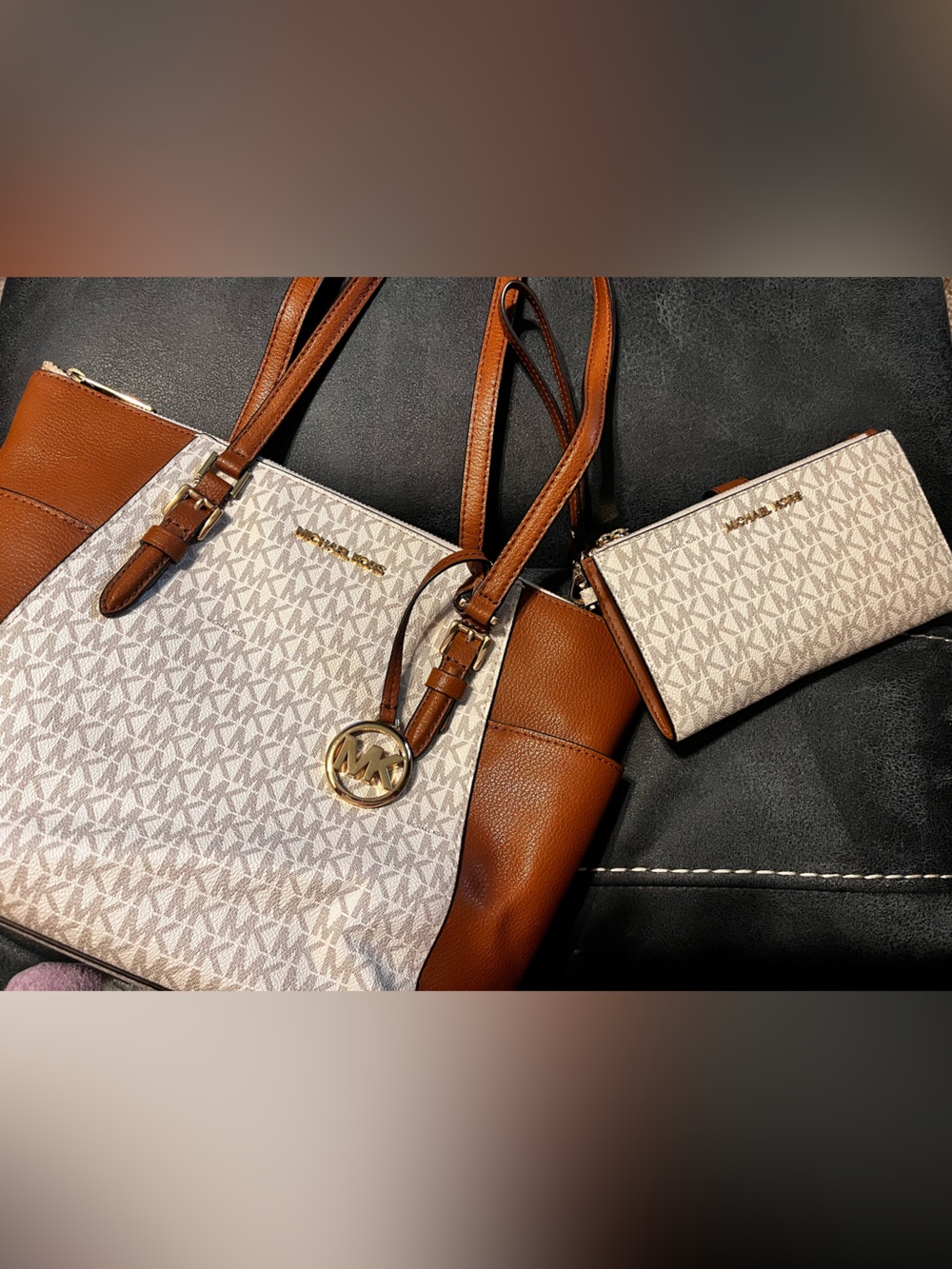 Michael Kors Vanilla Signature Shoulder Tote with Brown Trim and Wristlet